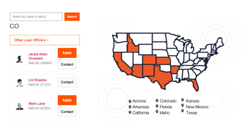 Efinity Mortgage location-search interface with state map and loan-officer results