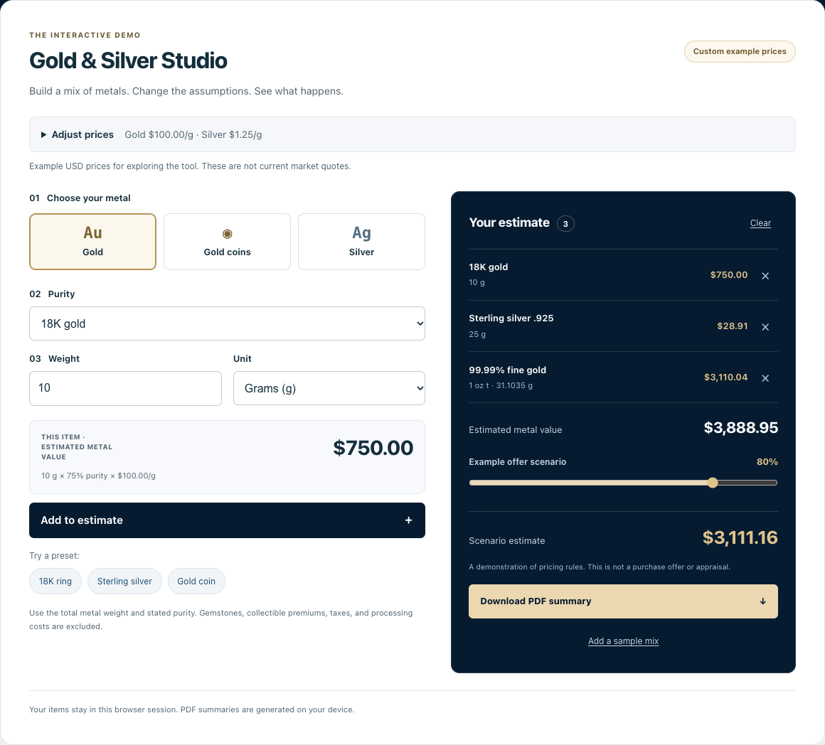 Gold and silver calculator interactive demo by Firecane